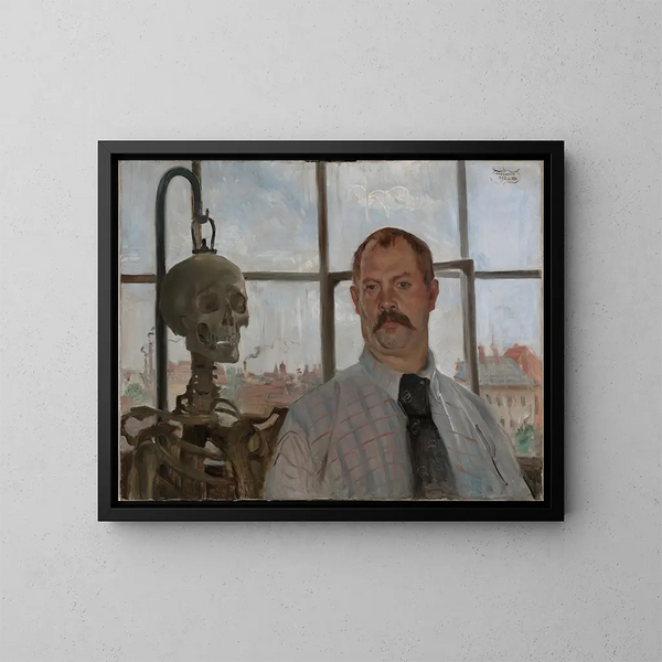 Self-portrait with a Skeleton - Lovis Corinth — framed artwork on a wall