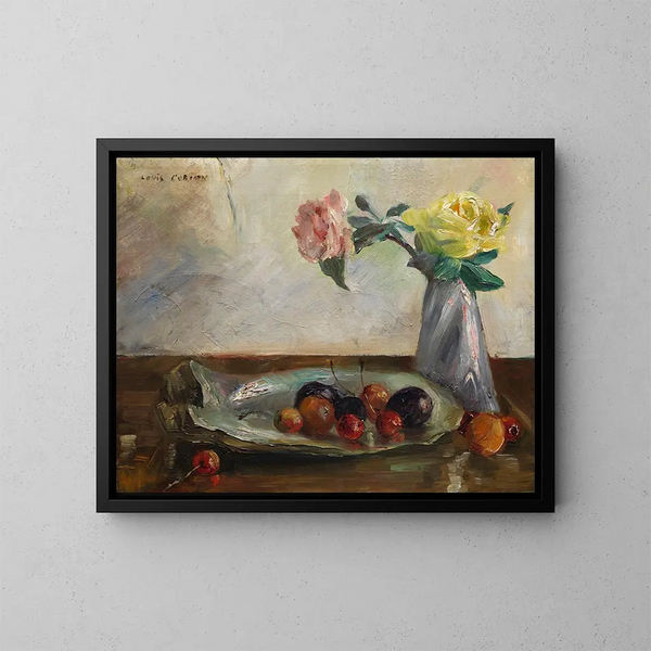 Natuurstudie met bloemen in een vaas, een schelp en fruit - Lovis Corinth — ingelijst kunstwerk aan de muur