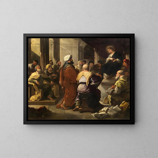 The Christ among the Doctors - Luca Giordano — framed artwork on a wall