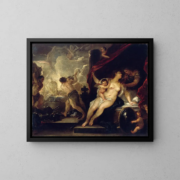 Venus, Mars and Vulcan's forge - Luca Giordano — framed artwork on a wall