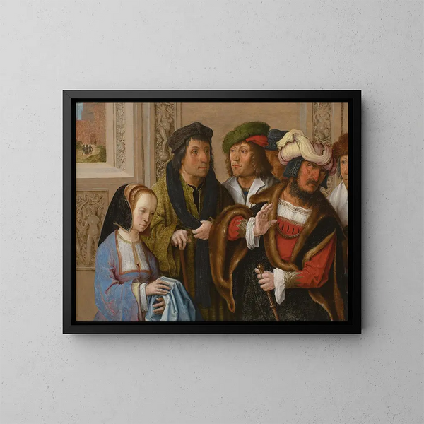 La femme de Potiphar montre à son mari le manteau de Joseph, en arrière-plan Joseph est emmené en prison. - Lucas van Leyden — framed artwork on a wall