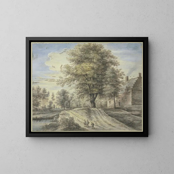 a painting featuring a house, a large tree, three figures, and a dog - Lucas van Uden — framed artwork on a wall