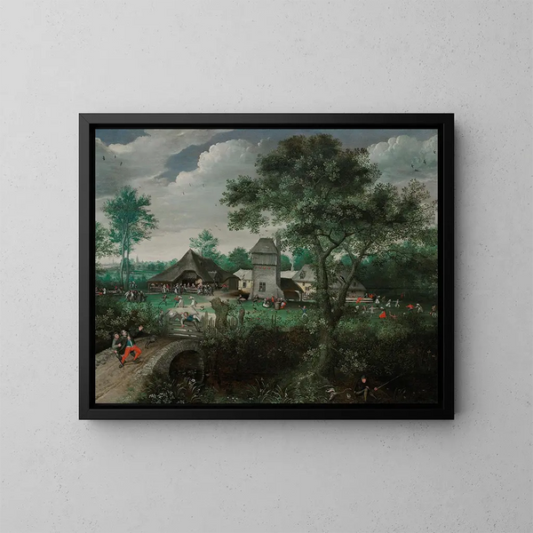 A landscape with a peasant wedding and a village festival beyond Antwerp - Lucas van Valckenborch — framed artwork on a wall