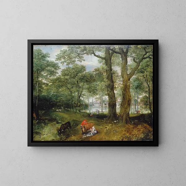 Animals grazing under trees - Lucas van Valckenborch — framed artwork on a wall