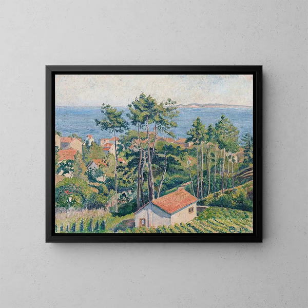 Vue du Lavandou avec mer bleue - Lucien Pissarro — framed artwork on a wall