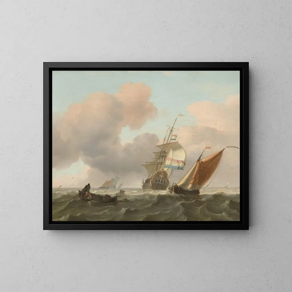 Seascape with Ships - Ludolf Bakhuizen — framed artwork on a wall
