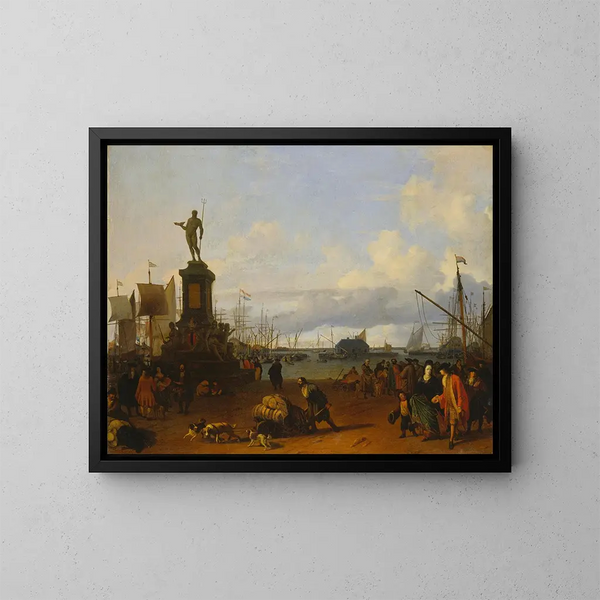 View of the Amsterdam port at the IJ river - Ludolf Bakhuizen — framed artwork on a wall