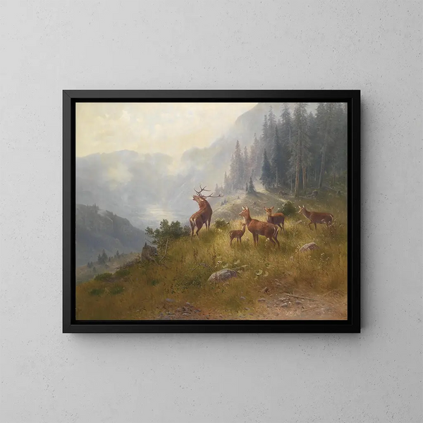 Deer in the Elevated Mountains - Ludwig Sckell — framed artwork on a wall
