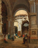 Rome een scène in de kerk Santa Maria del Popolo op de achtergrond de orgelgalerij met de wapenschilden van Giulio II della Rovere - Luigi Marchesi — weergave van het kunstwerk
