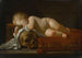 Vaniteit scène met een slapend kind op een rood fluwelen kussen, een zandloper en een schedel - Luigi Miradori — weergave van het kunstwerk