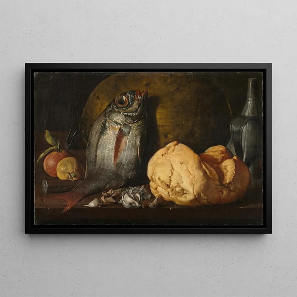 Still life with fish, bread, and kettle - Luis Meléndez — framed artwork on a wall