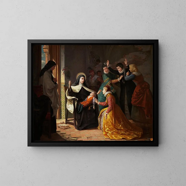 Premier wonder van heilige Theresia van Jezus, verrijzenis van haar neef Don Gonzalo Ovalle, zoon van haar zus Doña Juana de Ahumada - Luis de Madrazo y Kuntz — ingelijst kunstwerk aan de muur