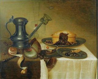 Maerten Boelema De Stomme - Still Life With A Pitcher A Lemon A Pie And A Nautilus Cup On A Wooden Ledge.webp