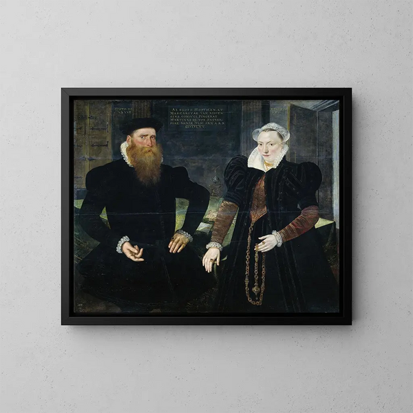 Portrait of Gillis Hooftman, shipowner, and his wife Margaretha van Nispen - Maerten de Vos — framed artwork on a wall