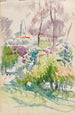 Esquisse de paysage avec buissons, arbres et tour - Magnus Enckell — weergave van het kunstwerk