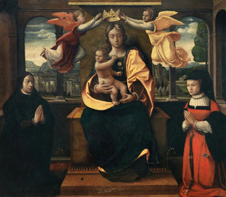 Manner of Vincenzo Foppa - The Madonna and Child crowned by two angels and flanked by two donors.webp