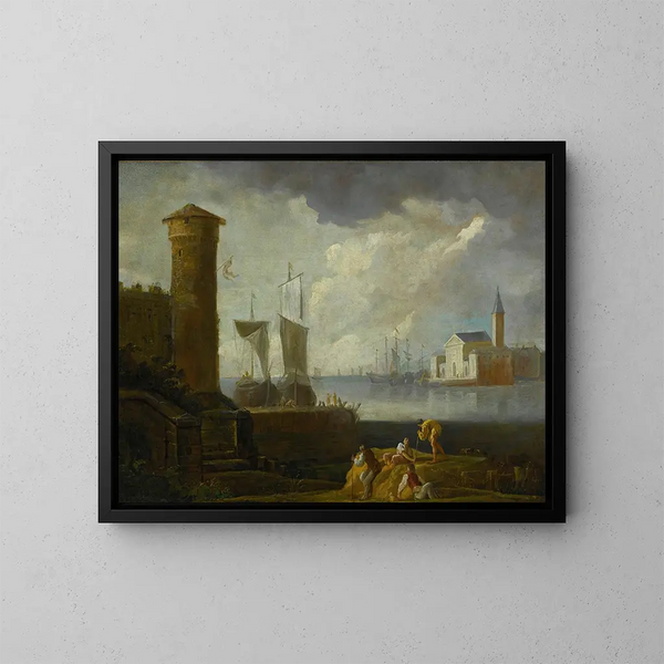 A Capriccio View of San Giorgio Maggiore in Venice - Marco Ricci — framed artwork on a wall