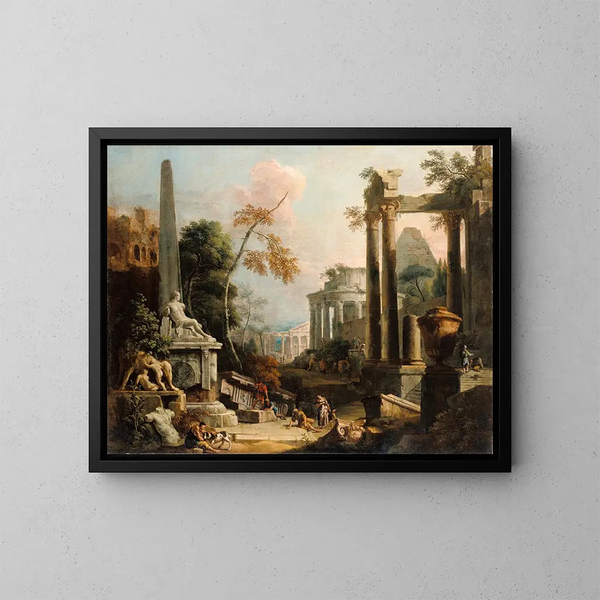 Landscape with Classical Ruins and Figures - Marco Ricci — framed artwork on a wall