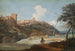 Uitzicht op een Italiaanse stad op een heuvel met een ruiter en boeren die werken - Marco Ricci — weergave van het kunstwerk