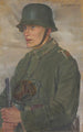 Soldaat met stalen helm en gasmask na 1914 - Maria Marga Thomas — weergave van het kunstwerk