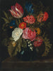 van een stilleven met rozen, gipskruid, een tulp en andere bloemen in een glazen vaas - Maria van Oosterwijck — weergave van het kunstwerk