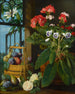 Een stilleven met potten met bloemen en fruit - Marian Chase — weergave van het kunstwerk