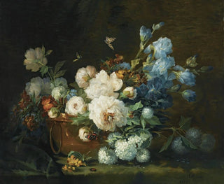 Marie BelouxHodieux - A Flower Still Life With Peonies Irises Hydrangea In A Copper Kettle A Beetle And Butterflies.webp