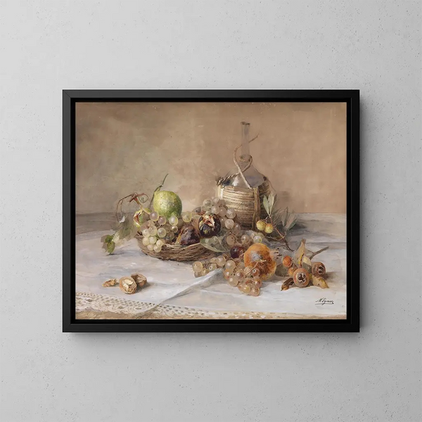 Natuurstudie met fruit en een Chianti-fles - Marie Egner — ingelijst kunstwerk aan de muur