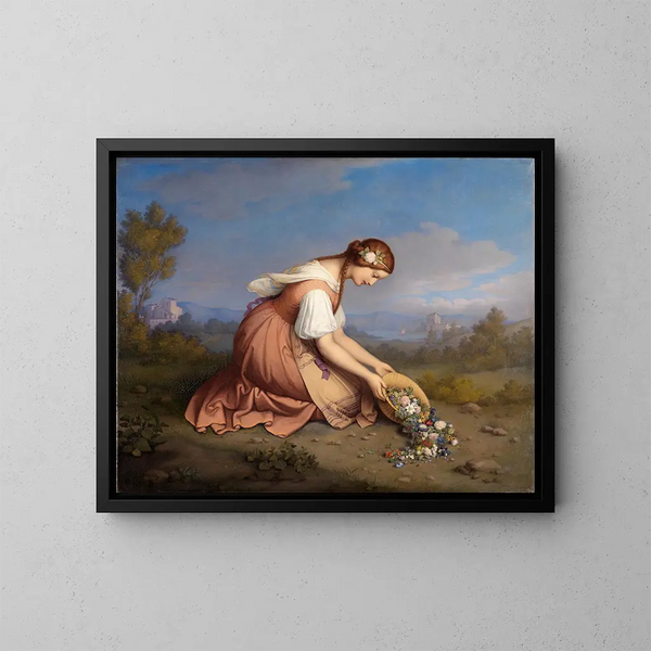 Girl kneeling pouring a basket of flowers - Marie Ellenrieder — framed artwork on a wall