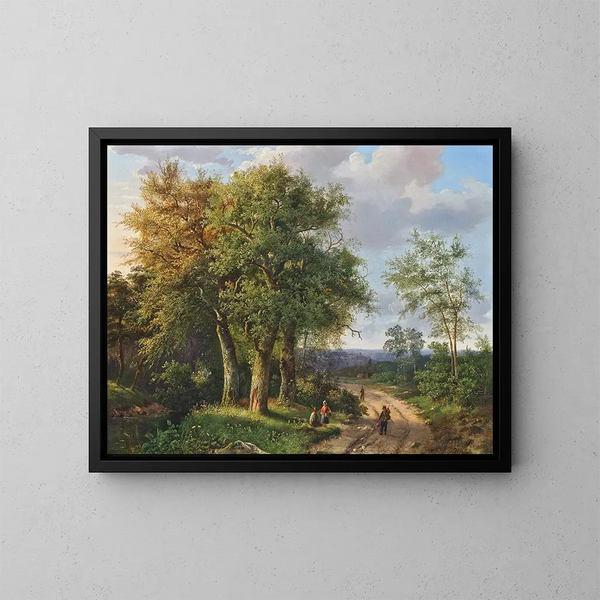 Voyageurs se reposant près d'un chemin forestier - Marinus Adrianus Koekkoek — framed artwork on a wall