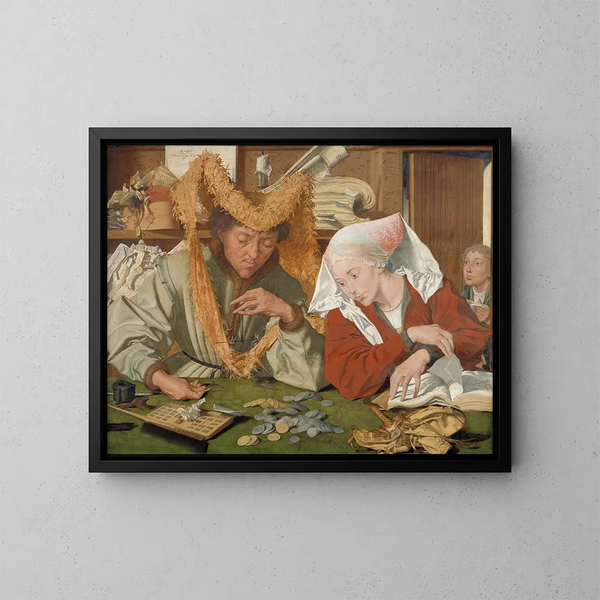 The merchant and his wife - Marinus van Reymerswaele — framed artwork on a wall
