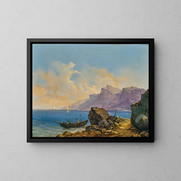 a lakeside landscape with a boat - Markus Pernhart — framed artwork on a wall