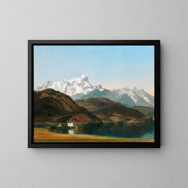 a view of Maria Loretto on Lake Wörthersee - Markus Pernhart — framed artwork on a wall