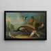 Natuurschilderij met een pauw, duiven en kippen in een rivierlandschap - Marmaduke Cradock — ingelijst kunstwerk aan de muur