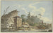 Cabanes en bois sur le rivage boisé, à droite une barque avec une famille - Marquard Wocher — artwork view
