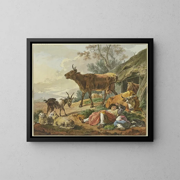 On the right, a barn from which two cows emerge, in front of two sleeping shepherds with their dog and a goat. - Marquard Wocher — framed artwork on a wall