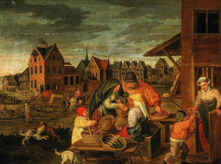 Marten van Cleve - A Townscape With Peasants At A VendorS Stall.webp