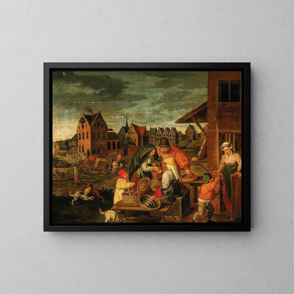 Urban landscape with peasants at a vendor's stall - Marten van Cleve — framed artwork on a wall