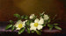 Rozen Cherokee op een paarse stof - Martin Johnson Heade — weergave van het kunstwerk