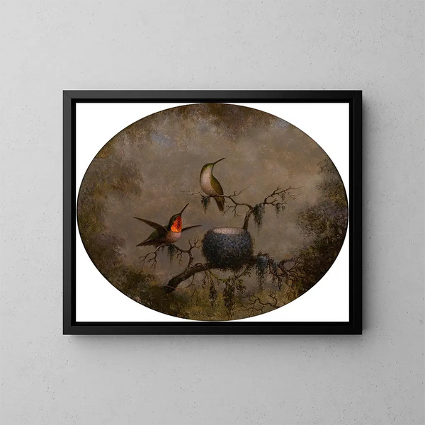 Hummingbirds and Their Nest - Martin Johnson Heade — framed artwork on a wall