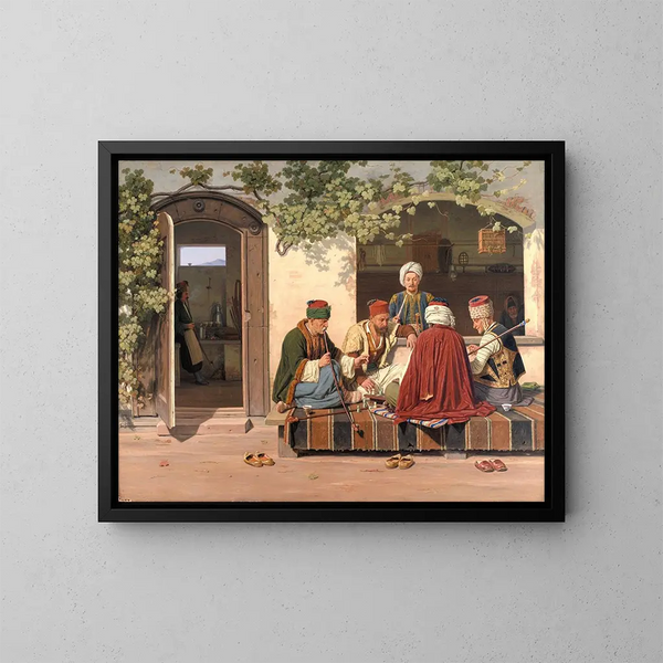 Een schaakpartij voor een Turks café en een kapperszaak - Martinus Rørbye — ingelijst kunstwerk aan de muur