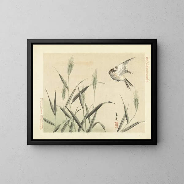 Oat and lark - Matsumura Keibun — framed artwork on a wall
