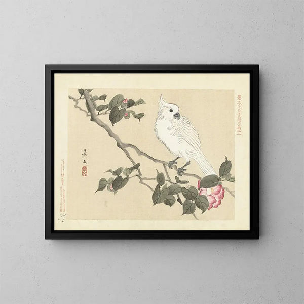 Camellia and yellow-crested cockatoo - Matsumura Keibun — framed artwork on a wall