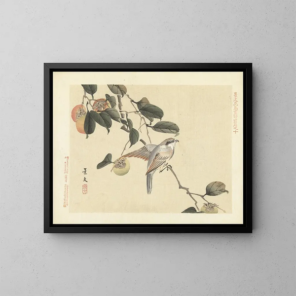 Kaki and Bull-headed Shrike Painting - Matsumura Keibun — framed artwork on a wall