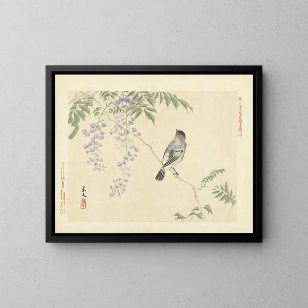 Japanese Wisteria and Eurasian Bullfinch Painting - Matsumura Keibun — framed artwork on a wall