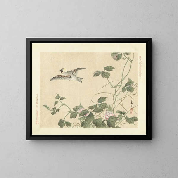 Kudzu and Eurasian Blue Tit - Matsumura Keibun — framed artwork on a wall