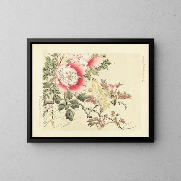 Peony Tree and Canary - Matsumura Keibun — framed artwork on a wall