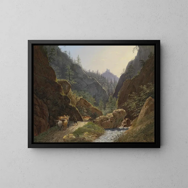 Peasant with ox-drawn carriage near Schottwien - Matthias Rudolf Toma — framed artwork on a wall