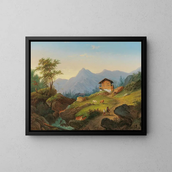 Mountain landscape painting with hikers - Matthias Rudolf Toma — framed artwork on a wall