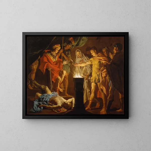 Mucius Scaevola devant Lars Porsenna - Matthias Stom — framed artwork on a wall